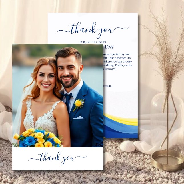 Cobalt Blue and Yellow Photo Wedding Thank you Card (Cobalt Blue and Yellow Photo Wedding Thank you )