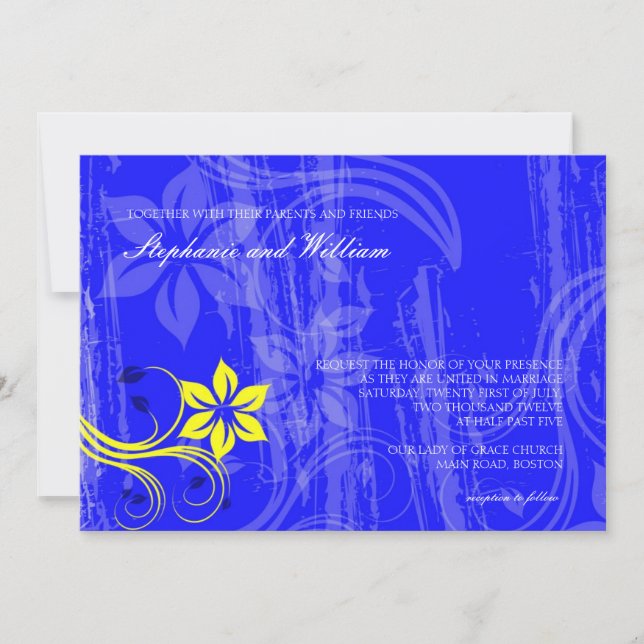 Cobalt Blue and Yellow Swirl Wedding Invitation (Front)