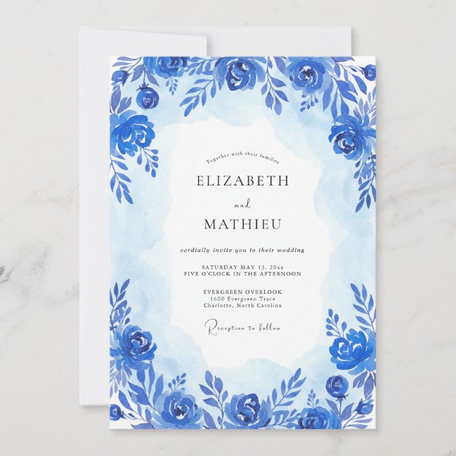 Cobalt Blue Artistic Bloom Wedding Invitation (Front)