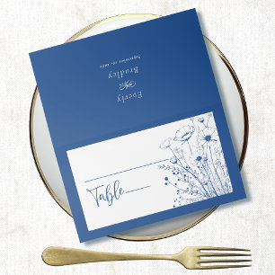 Cobalt Blue Background White Wildflower Floral Place Card