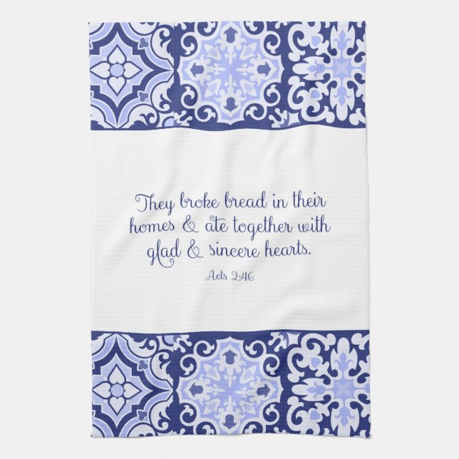 Cobalt Blue Bible Verse, They Broke Bread Tea Towel (Vertical)