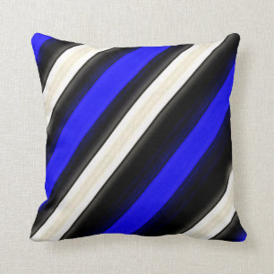 Cobalt Blue, Black and White Diagonal Stripes Cushion