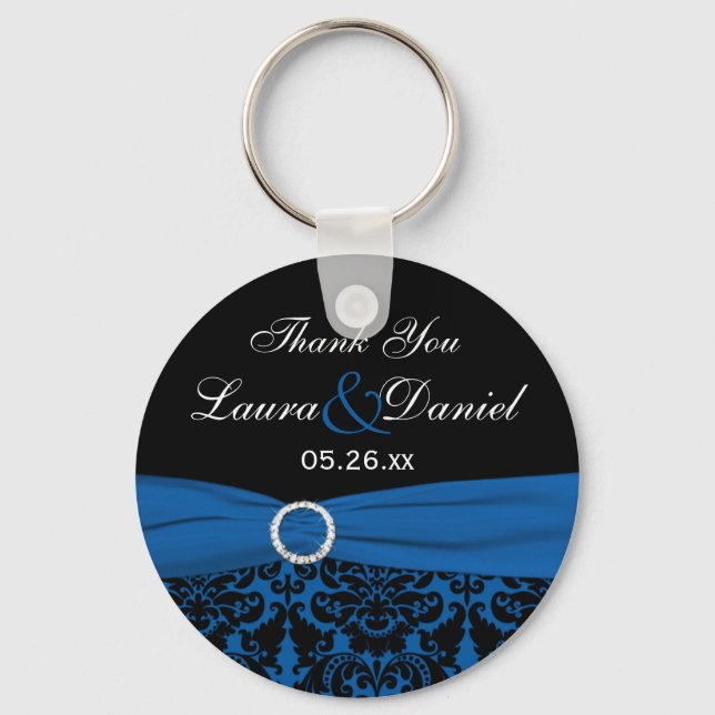 Cobalt Blue, Black Damask Wedding Favour Keychain (Front)