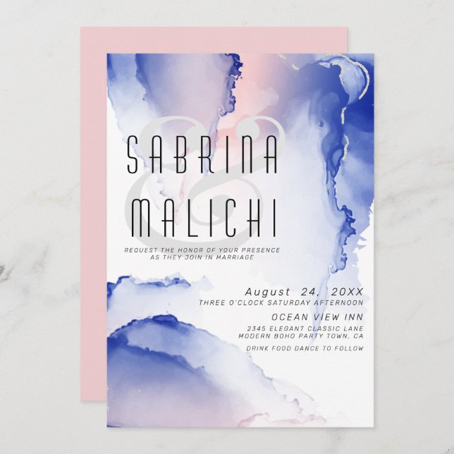 CObalt Blue Blush Rose Modern Fluid Ink Invitation (Front/Back)