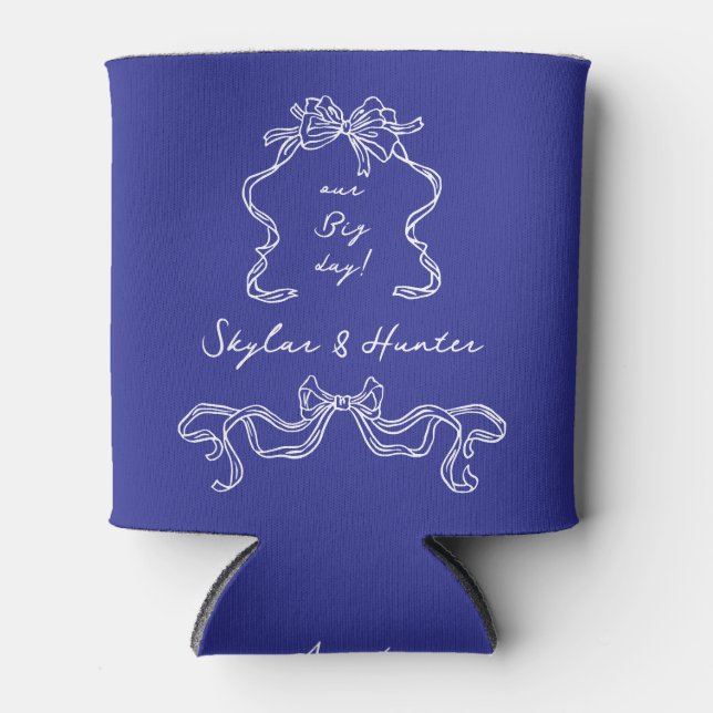 Cobalt Blue Boho Bow La Dolce Vita Retro Wedding Can Cooler (Front)