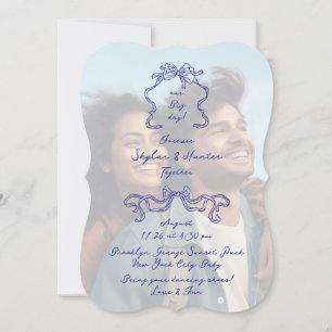 Cobalt Blue Boho Doodle Overlay Photo Wedding Invitation