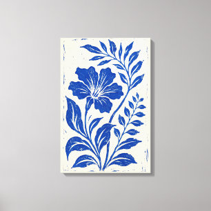 Cobalt Blue Botanical Linocut Vintage Floral Canvas Print
