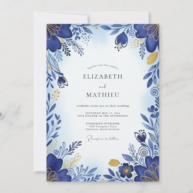 Cobalt Blue Brilliant Botanical Wedding Invitation (Front)