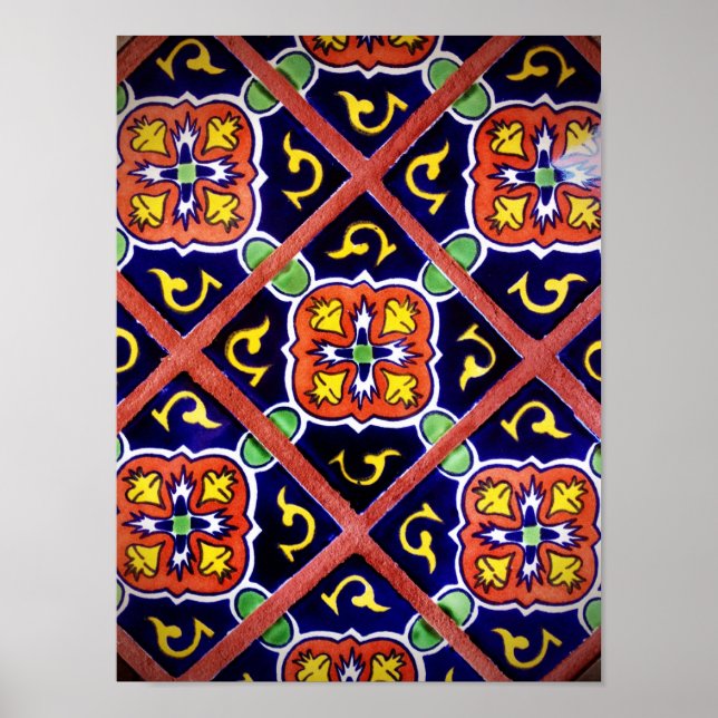 Cobalt Blue Burnt Orange Southwestern Tile Design Poster (Front)