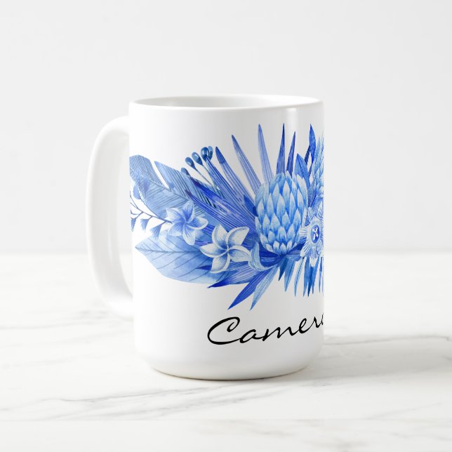 Cobalt Blue, Custom Tropical Flowers Leaves 15oz Coffee Mug (Front Left)