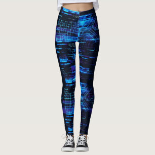 Cobalt Blue Cyber Glitch Matrix Data Flow Leggings