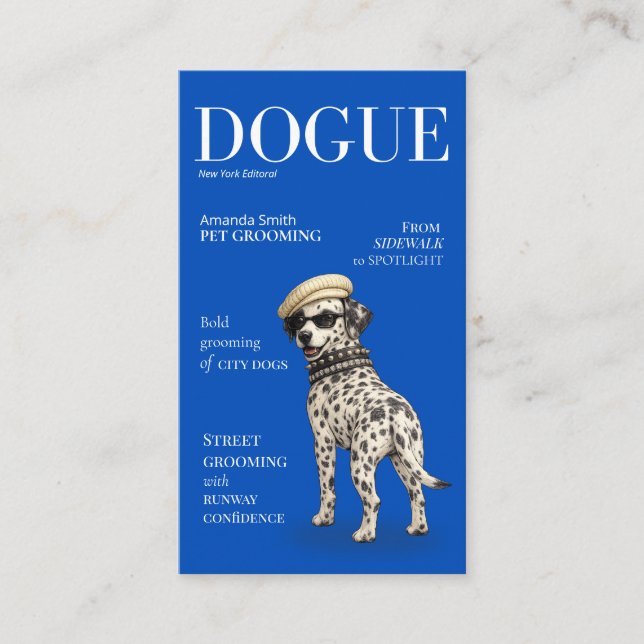 Cobalt Blue Dalmatian Dogue Magazine Business Card (Front)