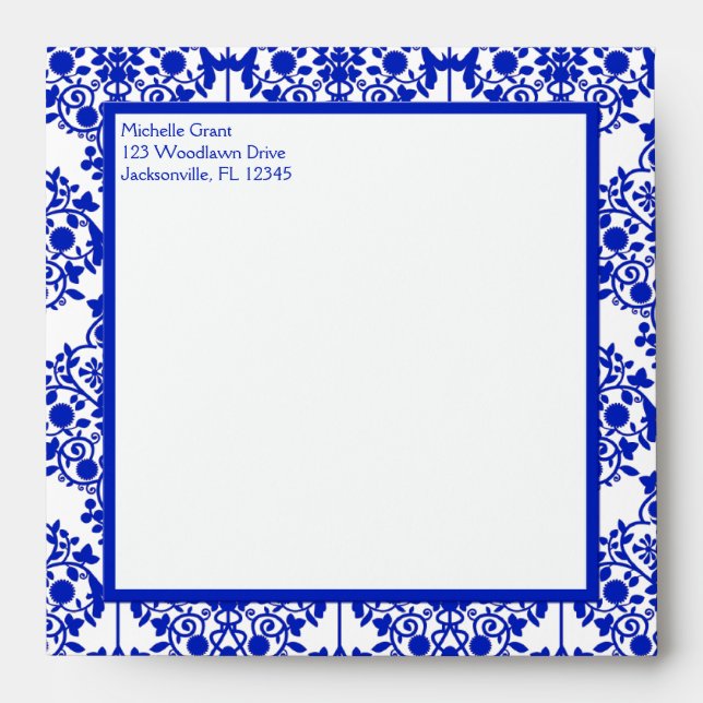 Cobalt Blue Damask Envelope for 5" Square Invite (Front)
