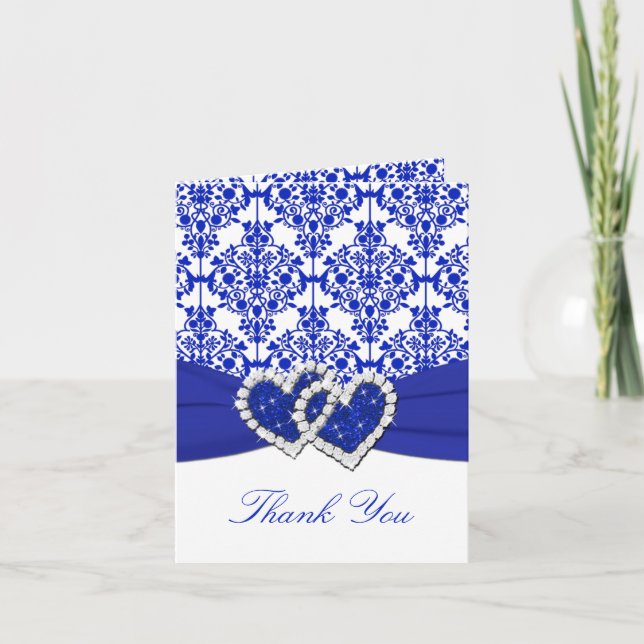 Cobalt Blue Damask Thank You Note Card (Front)