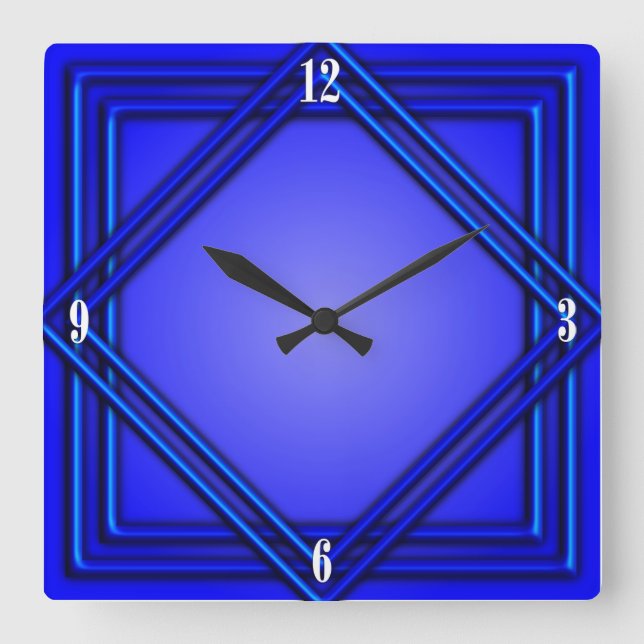 Cobalt Blue Double Frame 4 White Numbers Square Wall Clock (Front)