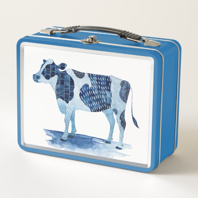 Cobalt Blue Farm Animals - Cow Metal Lunch Box (Front)