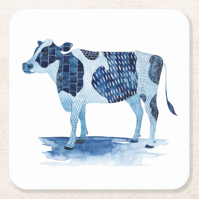 Cobalt Blue Farm Animals - Cow Square Paper Coaster (Front)