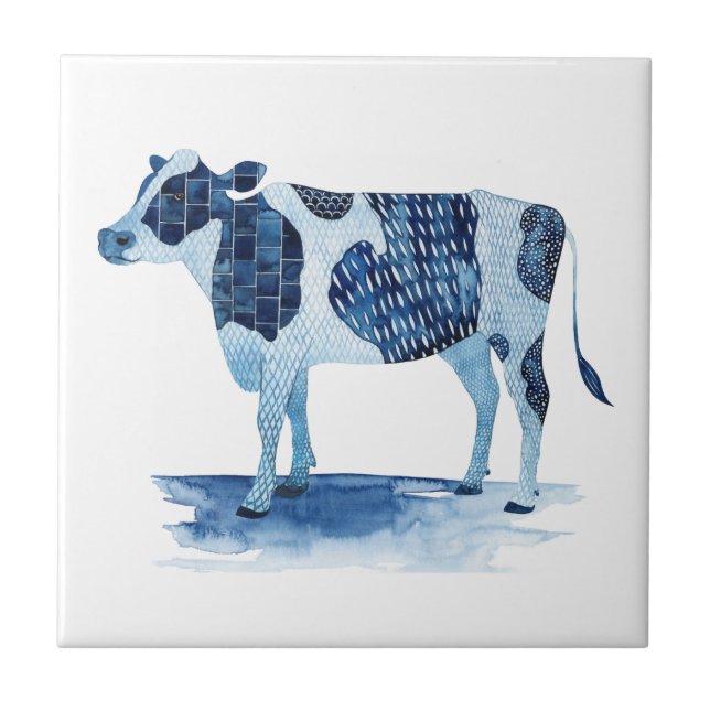 Cobalt Blue Farm Animals - Cow Tile (Front)
