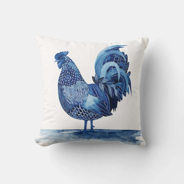 Cobalt Blue Farm Animals - Rooster Cushion (Front)