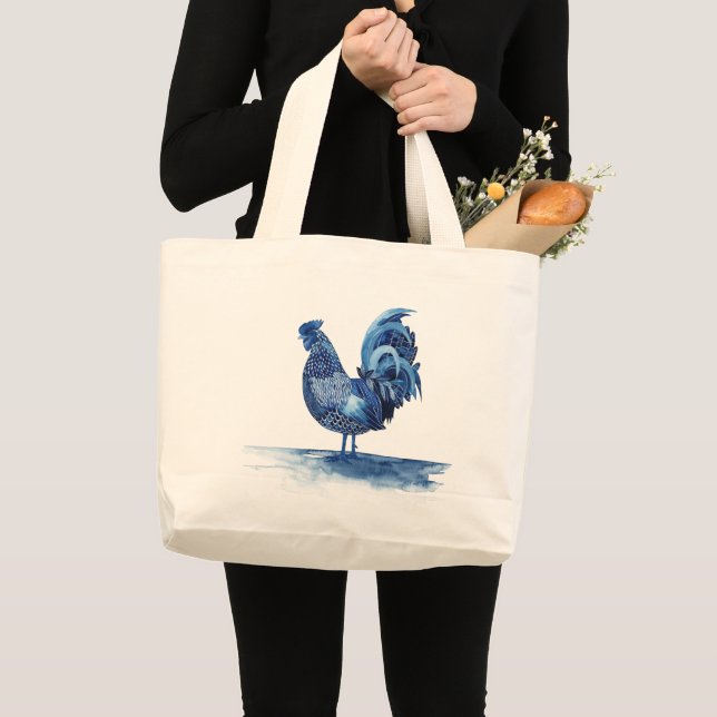 Cobalt Blue Farm Animals - Rooster Large Tote Bag (Front (Product))