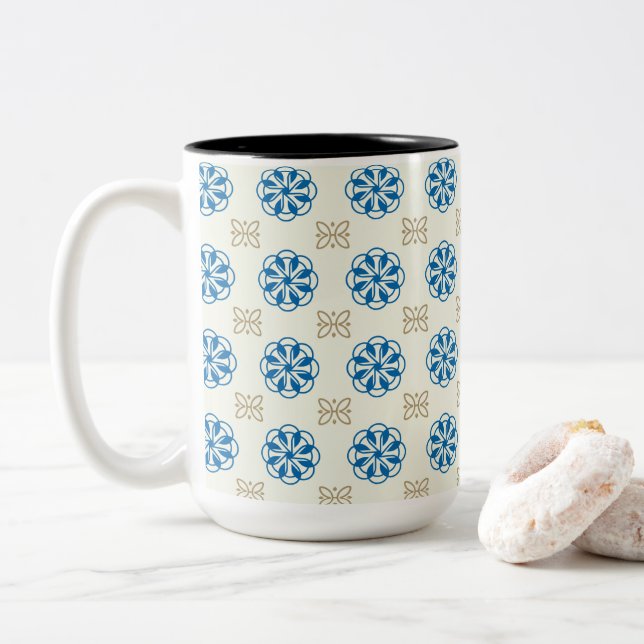 Cobalt Blue Floral And Golden Butterfly Two-Tone Coffee Mug (With Donut)