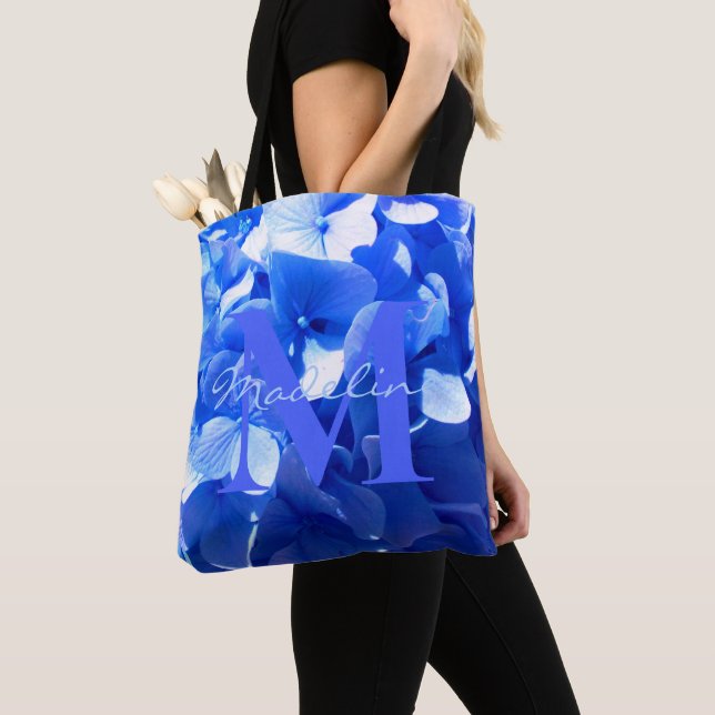 Cobalt blue floral elegant blue calligraphy  tote bag (Close Up)