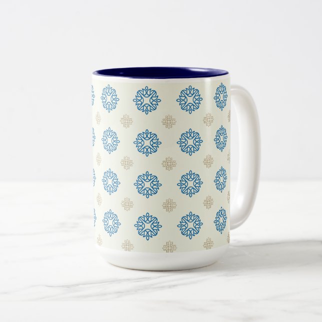 Cobalt Blue Floral Pattern Two-Tone Coffee Mug (Front Right)