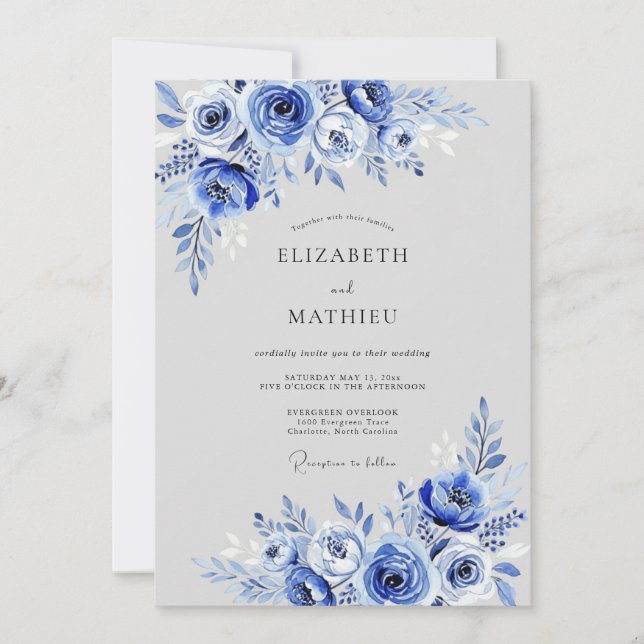 Cobalt Blue Floral Whimsy Wedding Invitation (Front)