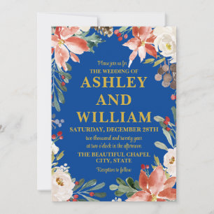 Cobalt Blue Gold Christmas Winter Greenery Wedding Invitation
