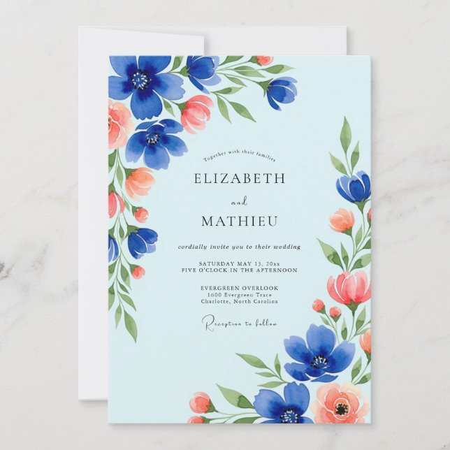 Cobalt Blue Graceful Botanical Wedding Invitation (Front)