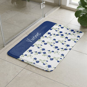 Cobalt Blue Green Watercolor Wildflower Monogram Bath Mat