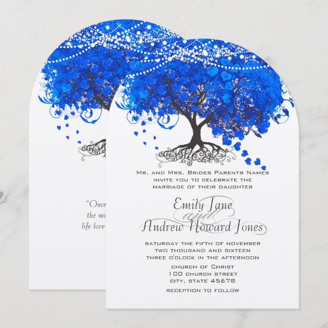Cobalt Blue Heart Leaf Tree Wedding Invitation (Front/Back)