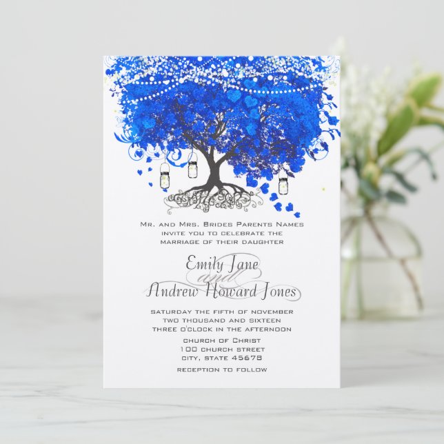 Cobalt Blue Heart Leaf Tree Wedding Invitation (Standing Front)