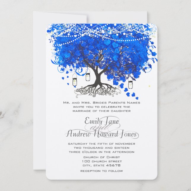 Cobalt Blue Heart Leaf Tree Wedding Invitation (Front)