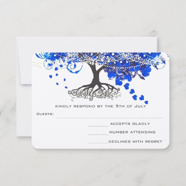 Cobalt Blue Heart Leaf Tree Wedding RSVP (Front)