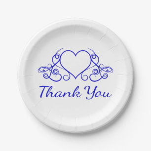 Cobalt Blue Heart Thank You - Wedding Party Paper Plate