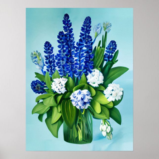 Cobalt Blue Hyacinths and Hydrangeas Poster (Front)