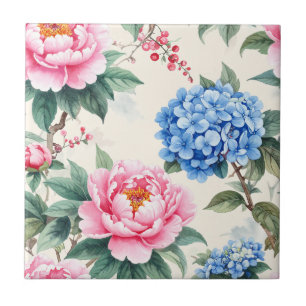 Cobalt Blue Hydrangea and Peony Botanical Tile