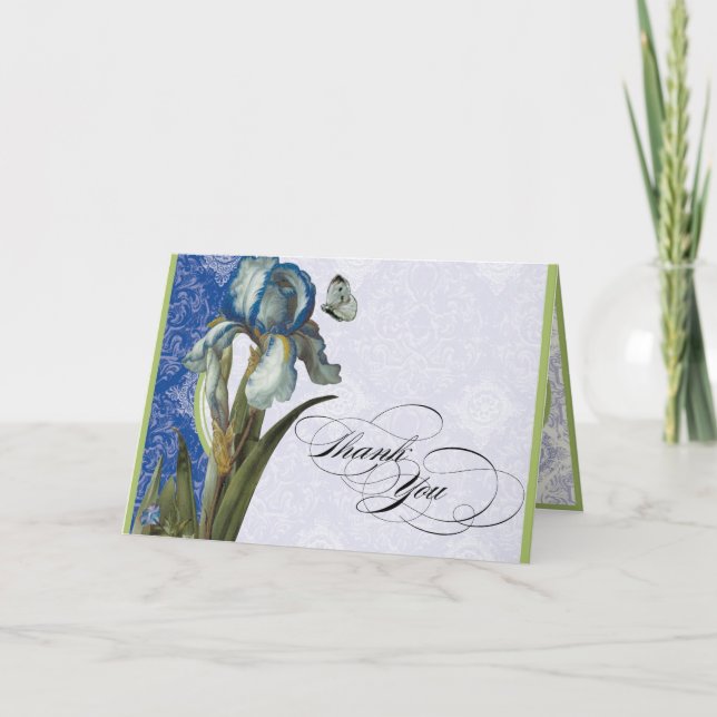 Cobalt Blue Iris Toile Damask Thank You Note Card (Front)