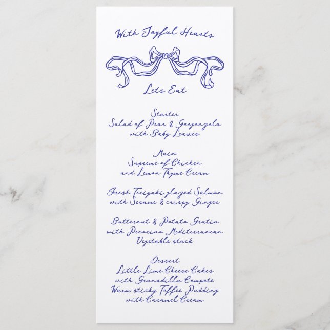 Cobalt Blue La Dolce Vita Ribbon Ecru Wedding Menu (Front)