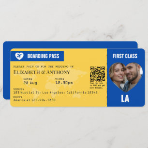 Cobalt Blue & Lemon Yellow Boarding Pass Wedding Invitation