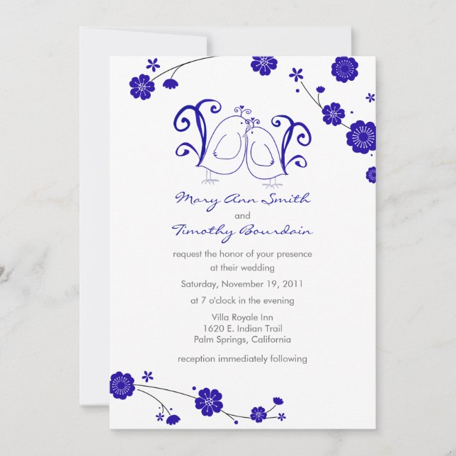 Cobalt Blue, Lovebirds Wedding Invitation (Front)
