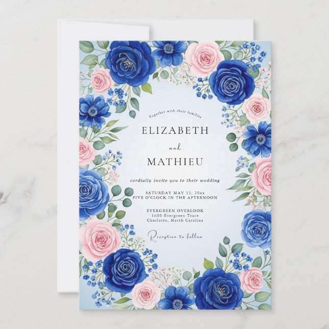 Cobalt Blue Majestic Watercolor Spring Wedding Invitation (Front)