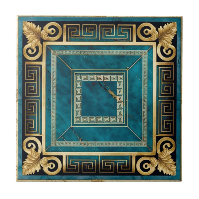 Cobalt Blue Marble Art Deco Greek Floral Seamless Tile (Front)