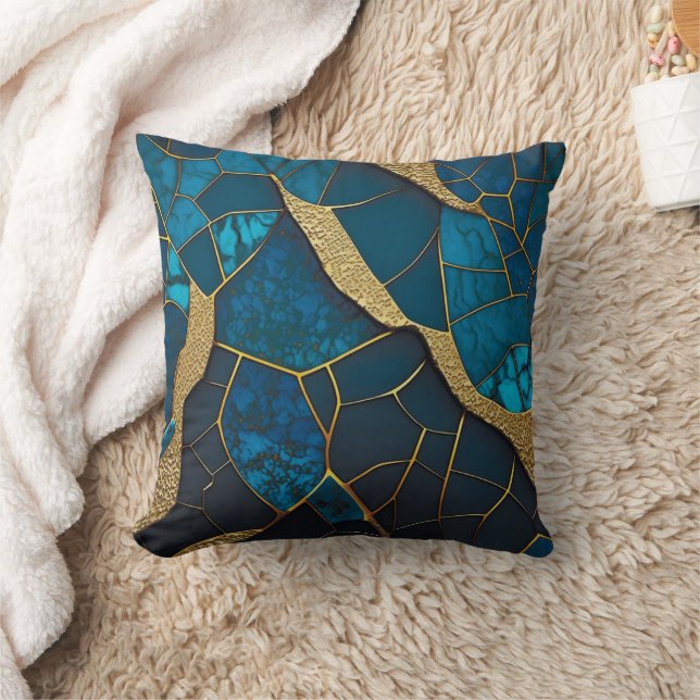 Cobalt Blue Marble Mosaic Gold Inlay Veins Cushion (Blanket)