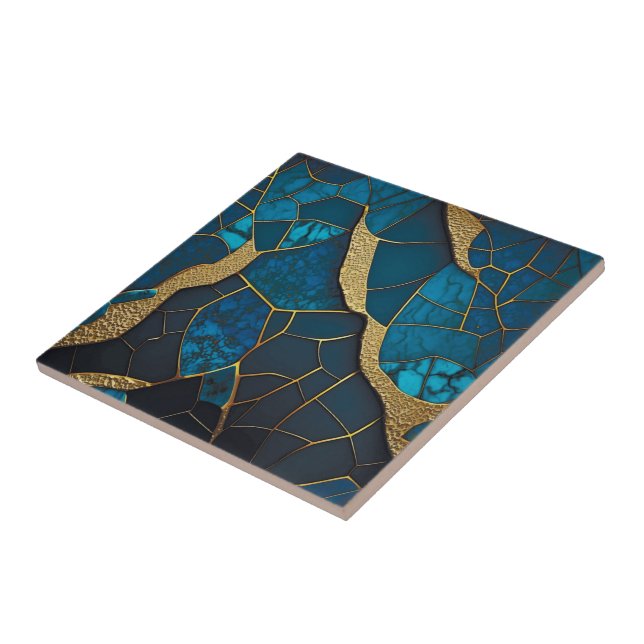 Cobalt Blue Marble Mosaic Gold Inlay Veins Tile (Side)