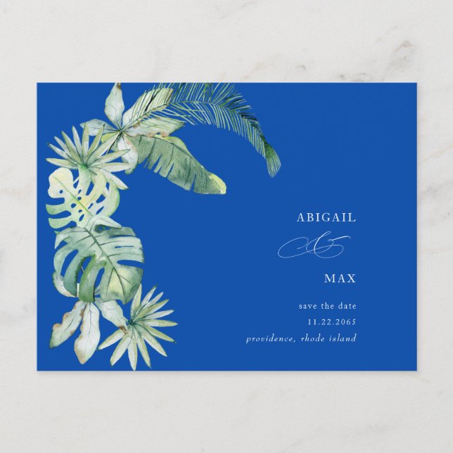 Cobalt Blue Mediterranean Tropical Save the Date  Announcement Postcard (Front)