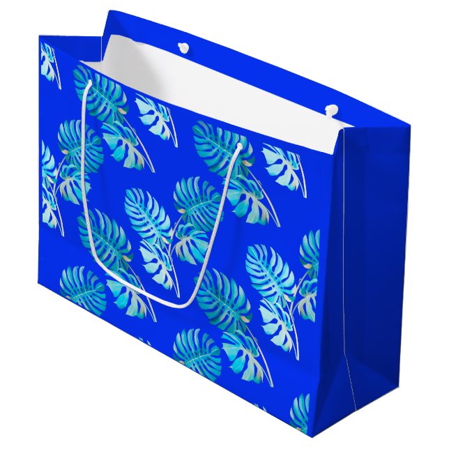 Cobalt Blue Monstera Breeze Large Gift Bag (Front Angled)