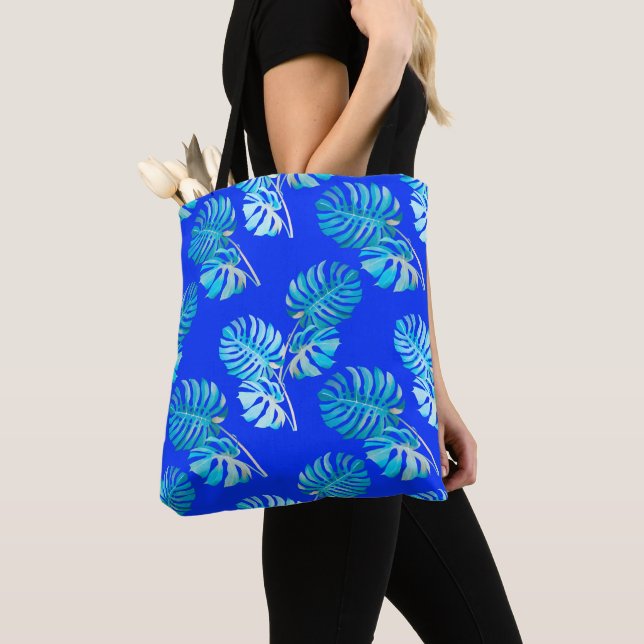 Cobalt Blue Monstera Breeze Tote Bag (Close Up)