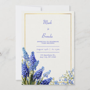 Cobalt Blue Muscari Botanical Gold Frame Wedding Invitation
